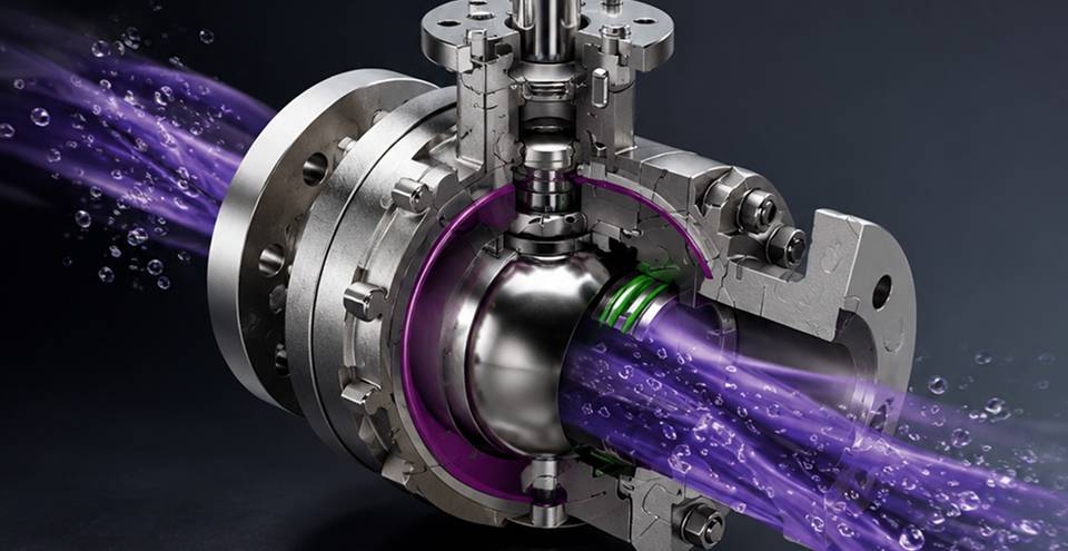 Sezione tecnica di una valvola a sfera con sistema di rivestimento SIXEAL®