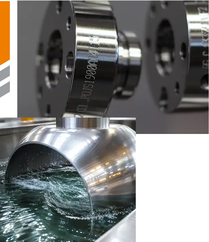Componenti industriali rivestiti e particolare immerso nel bagno di nichelatura chimica