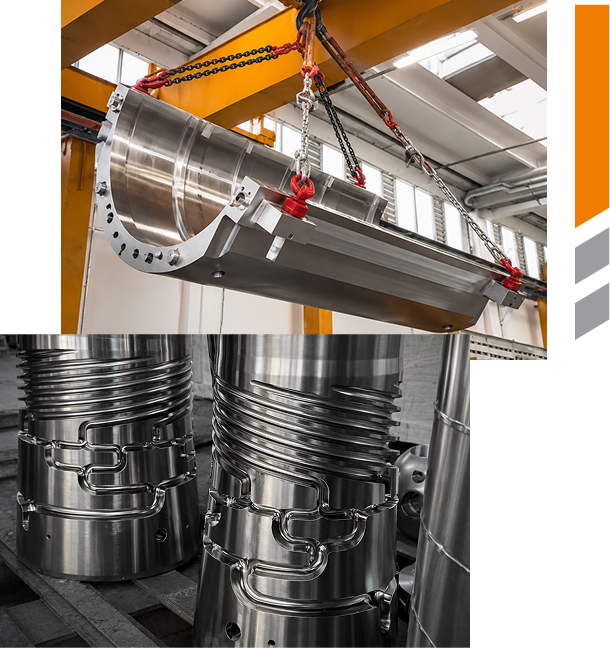 Grande componente metallico movimentato e particolari cilindrici trattati da Deltar